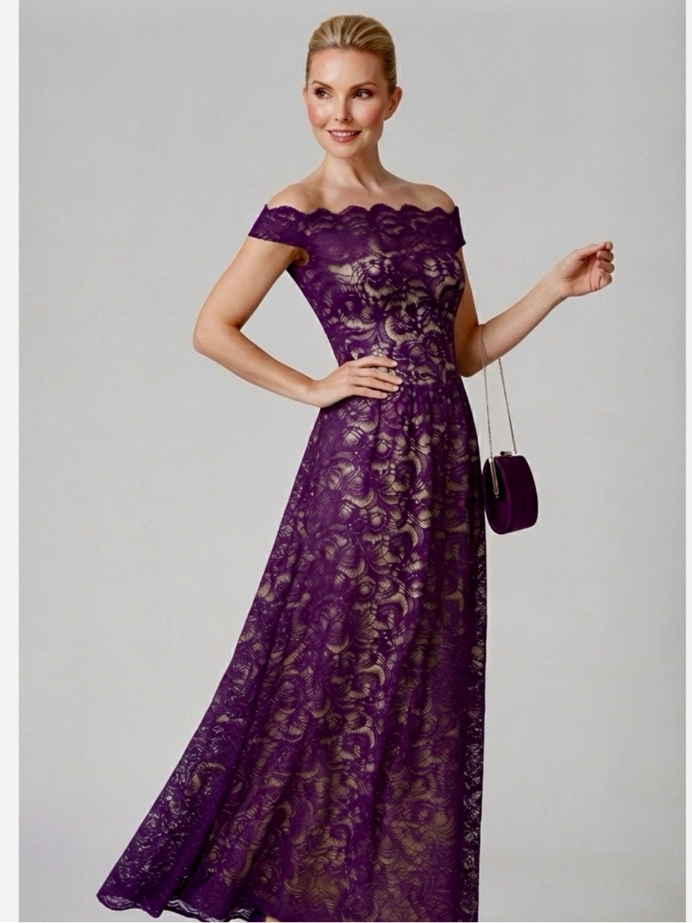 Yellow Star Womens Plum Lace Nude Maxi Off Shoulder Dress Size M USA MADE